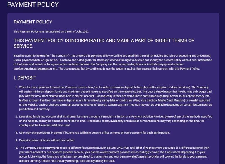 Igobet Casino paiement